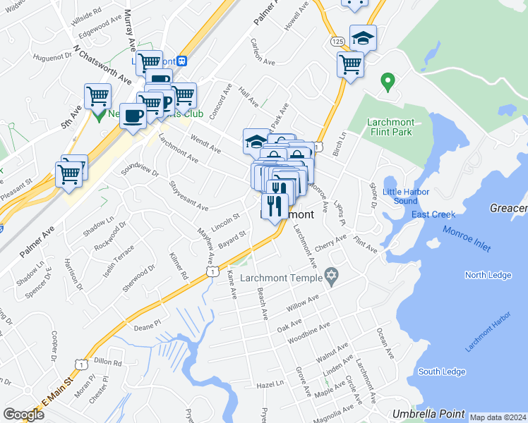 map of restaurants, bars, coffee shops, grocery stores, and more near 145 Beach Avenue in Larchmont