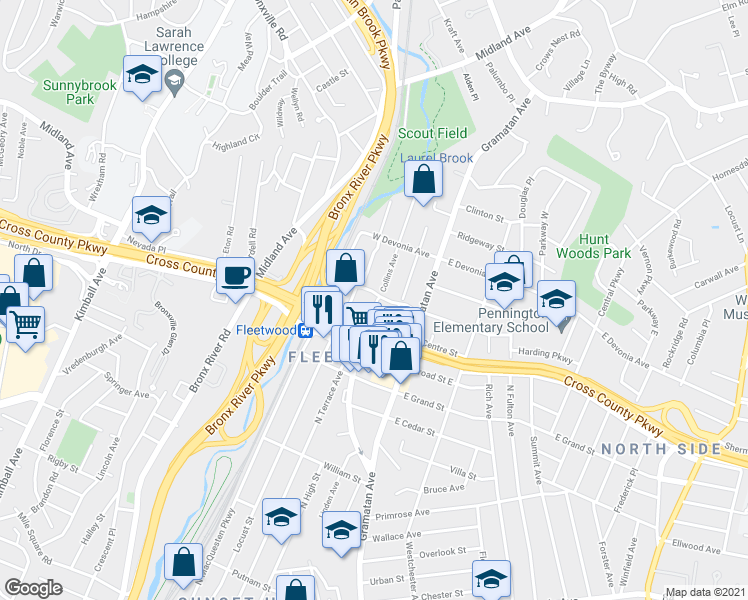map of restaurants, bars, coffee shops, grocery stores, and more near 280 Collins Avenue in Mount Vernon