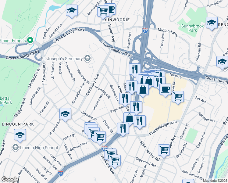 map of restaurants, bars, coffee shops, grocery stores, and more near 68 Staunton Street in Yonkers