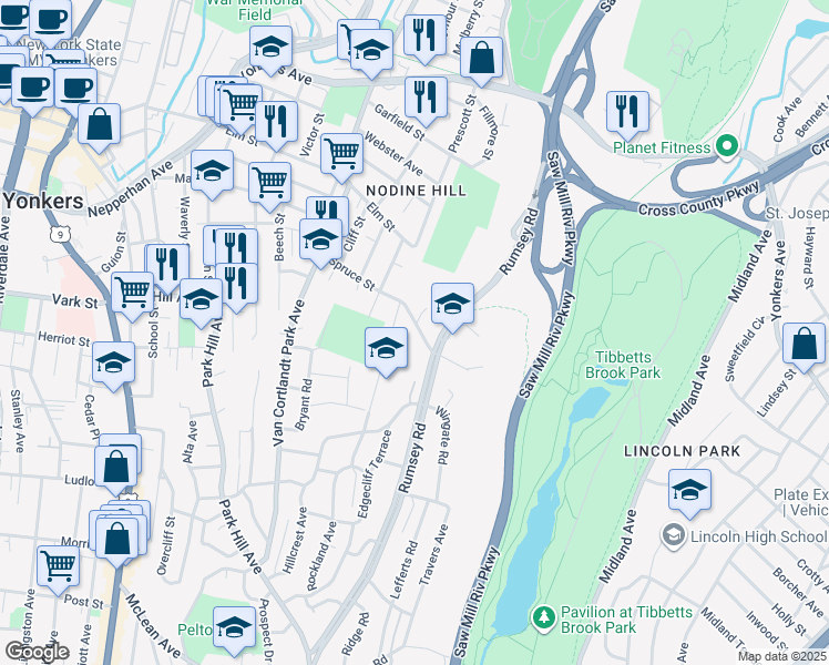 map of restaurants, bars, coffee shops, grocery stores, and more near None in Yonkers