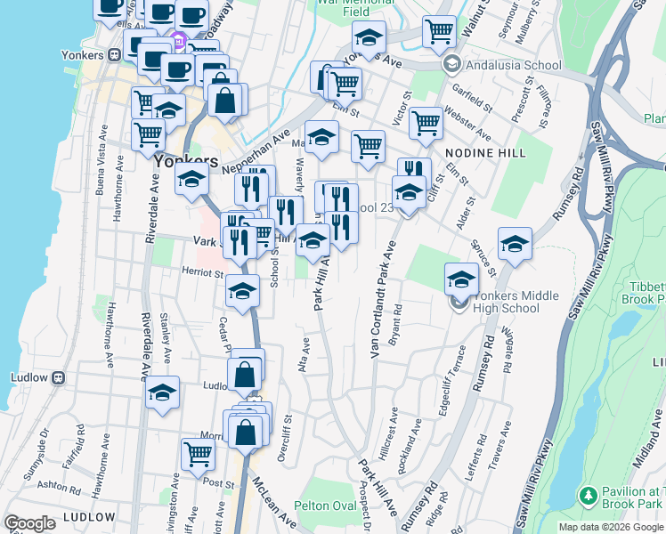 map of restaurants, bars, coffee shops, grocery stores, and more near 232 Willow Street in Yonkers