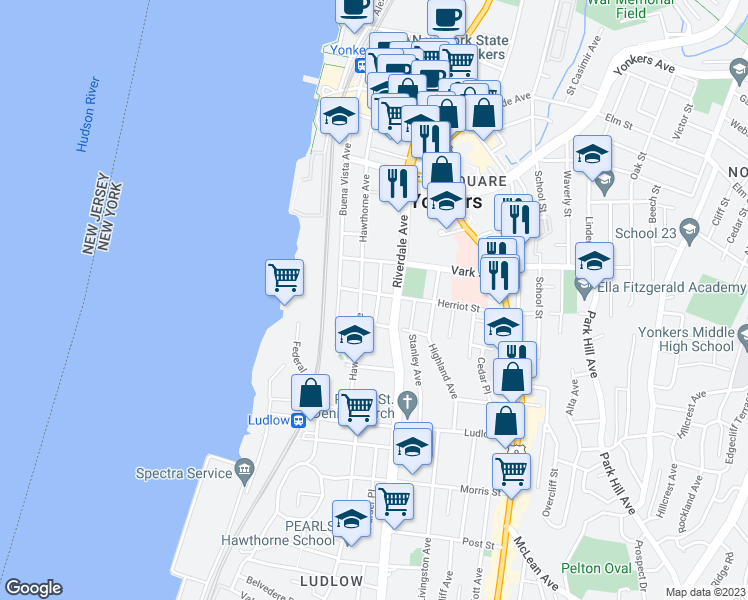 map of restaurants, bars, coffee shops, grocery stores, and more near 156 Hawthorne Avenue in Yonkers