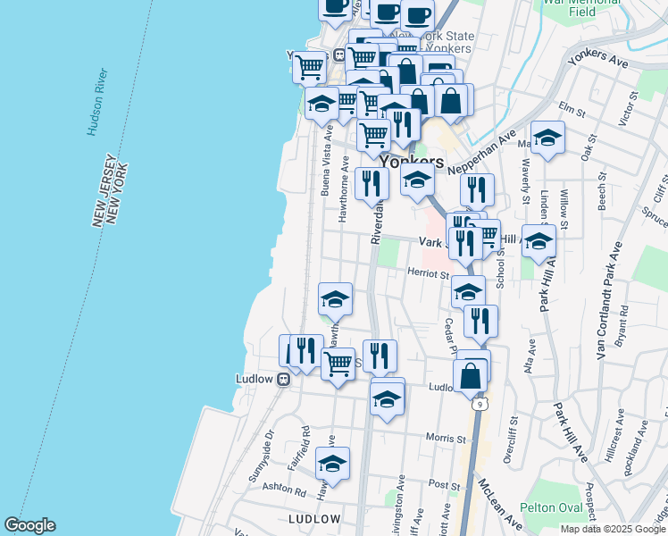 map of restaurants, bars, coffee shops, grocery stores, and more near 156 Hawthorne Avenue in Yonkers