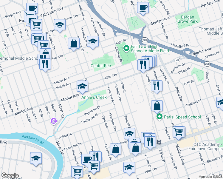 map of restaurants, bars, coffee shops, grocery stores, and more near 5-06 Lyncrest Avenue in Fair Lawn