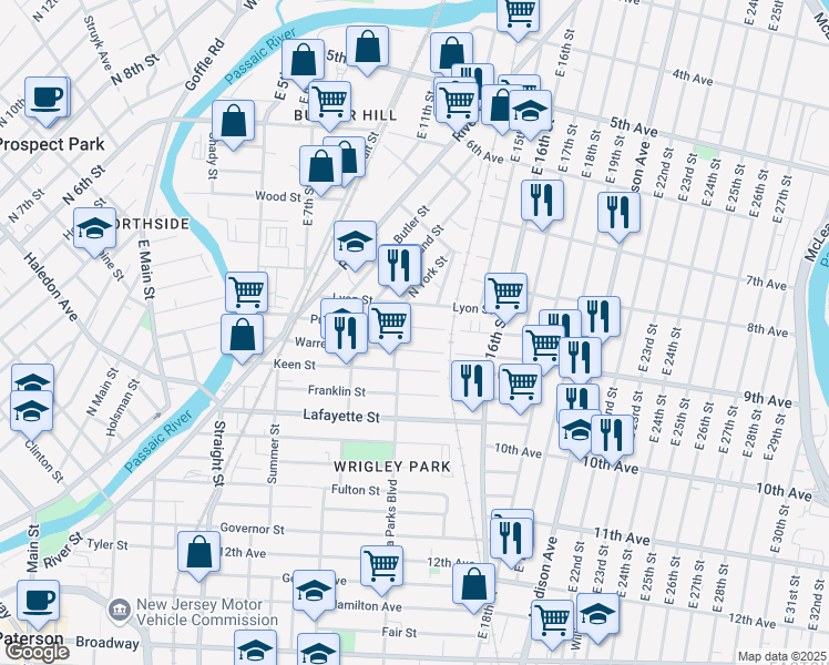 map of restaurants, bars, coffee shops, grocery stores, and more near 41 Rosa Parks Boulevard in Paterson