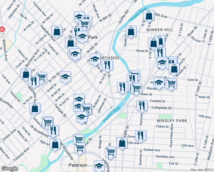 map of restaurants, bars, coffee shops, grocery stores, and more near 150 North Main Street in Paterson