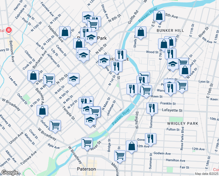 map of restaurants, bars, coffee shops, grocery stores, and more near 150 North Main Street in Paterson