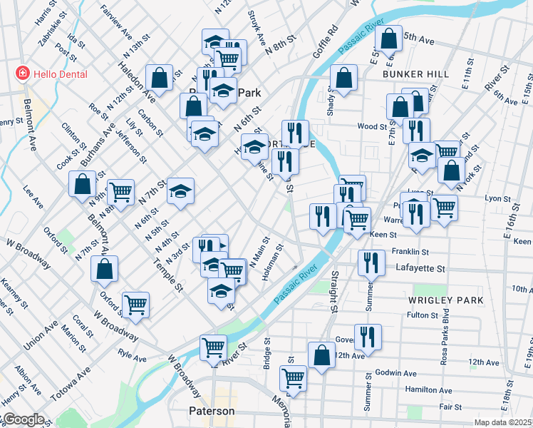 map of restaurants, bars, coffee shops, grocery stores, and more near 150 North Main Street in Paterson