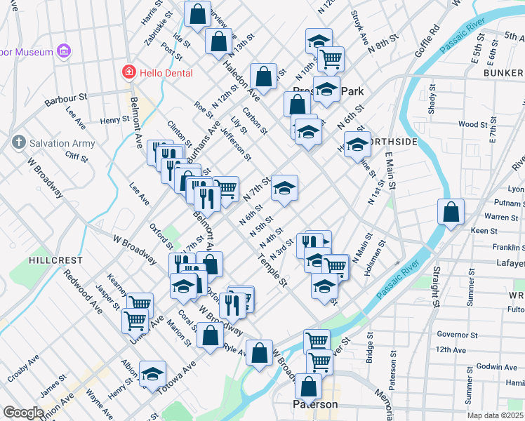 map of restaurants, bars, coffee shops, grocery stores, and more near 71-73 North 5th Street in Paterson