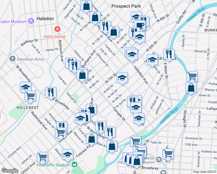 map of restaurants, bars, coffee shops, grocery stores, and more near 71-73 North 5th Street in Paterson