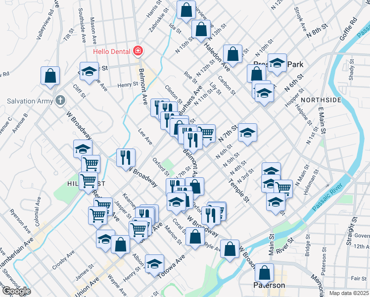 map of restaurants, bars, coffee shops, grocery stores, and more near 34 North 9th Street in Paterson