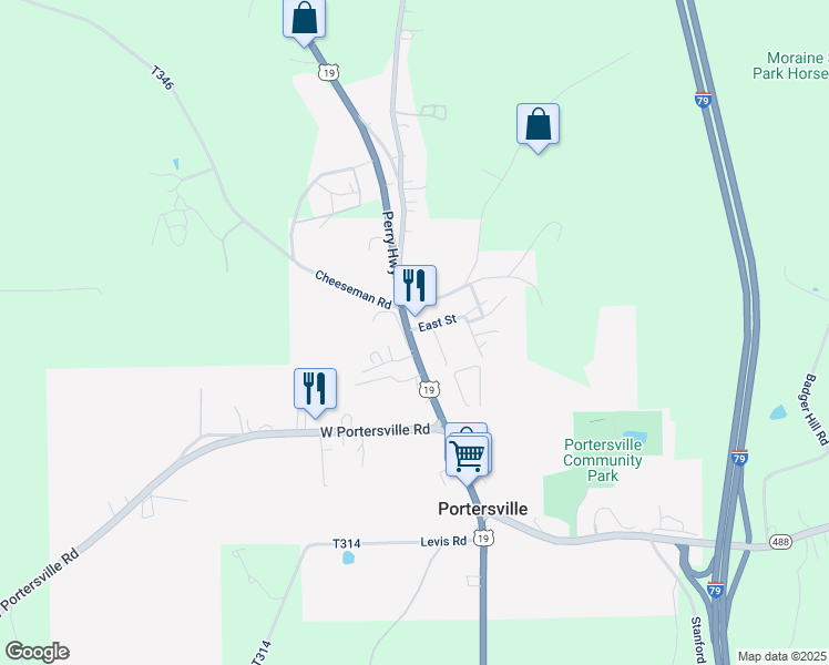 map of restaurants, bars, coffee shops, grocery stores, and more near 1338 Perry Highway in Portersville