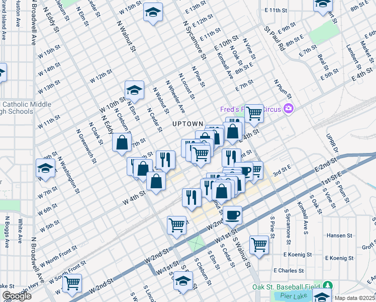 map of restaurants, bars, coffee shops, grocery stores, and more near 500 North Walnut Street in Grand Island