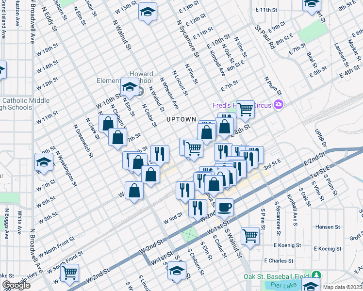 map of restaurants, bars, coffee shops, grocery stores, and more near 500 North Walnut Street in Grand Island
