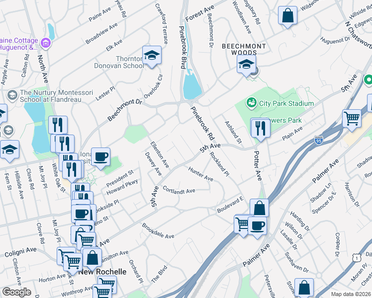 map of restaurants, bars, coffee shops, grocery stores, and more near 292 5th Avenue in New Rochelle