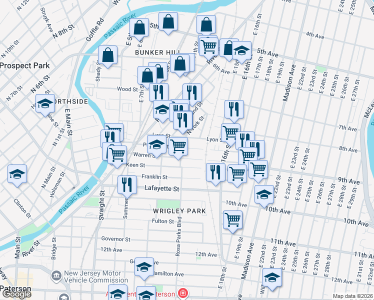 map of restaurants, bars, coffee shops, grocery stores, and more near 41 Rosa Parks Boulevard in Paterson
