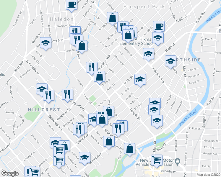 map of restaurants, bars, coffee shops, grocery stores, and more near 197 Temple Street in Paterson
