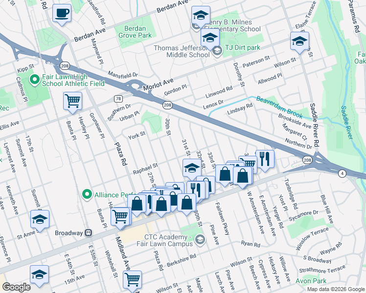 map of restaurants, bars, coffee shops, grocery stores, and more near 309 30th Street in Fair Lawn
