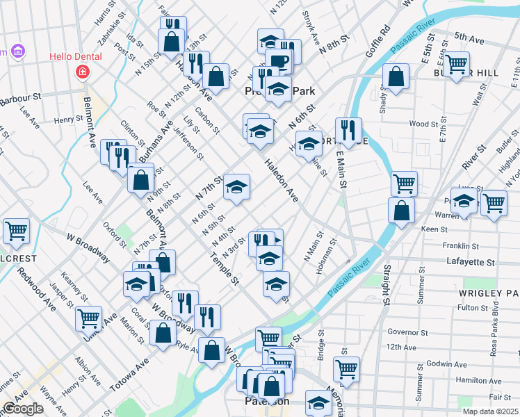 map of restaurants, bars, coffee shops, grocery stores, and more near 136 North 4th Street in Paterson