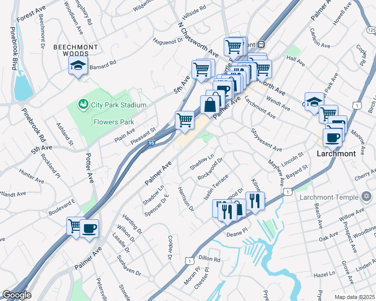 map of restaurants, bars, coffee shops, grocery stores, and more near 2038 Palmer Avenue in Larchmont