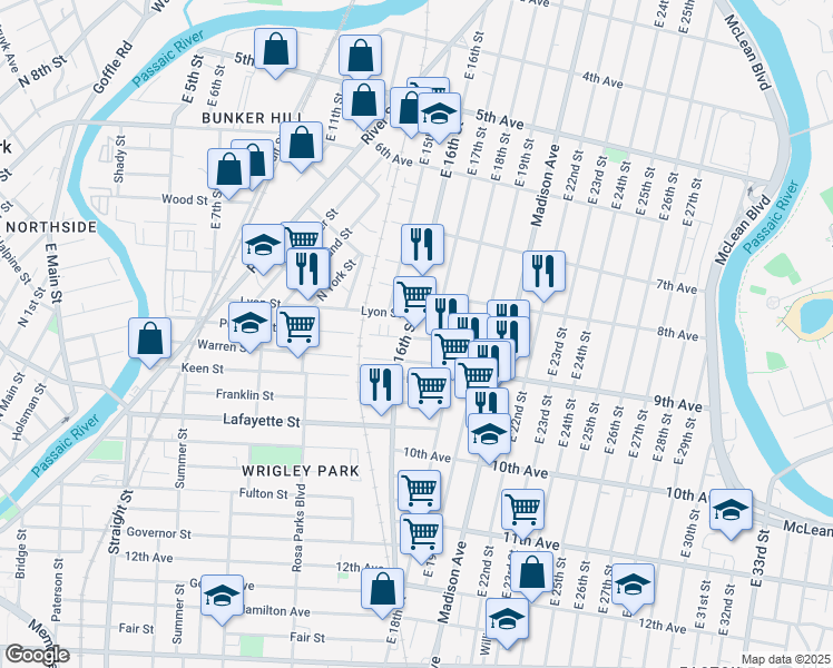 map of restaurants, bars, coffee shops, grocery stores, and more near 231 Warren Street in Paterson