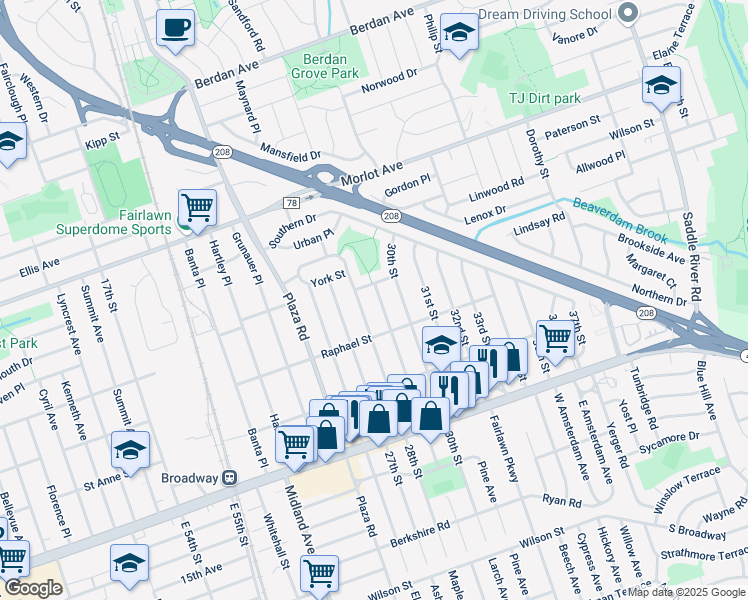 map of restaurants, bars, coffee shops, grocery stores, and more near 3-15 28th Street in Fair Lawn