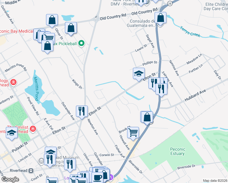 map of restaurants, bars, coffee shops, grocery stores, and more near in Riverhead