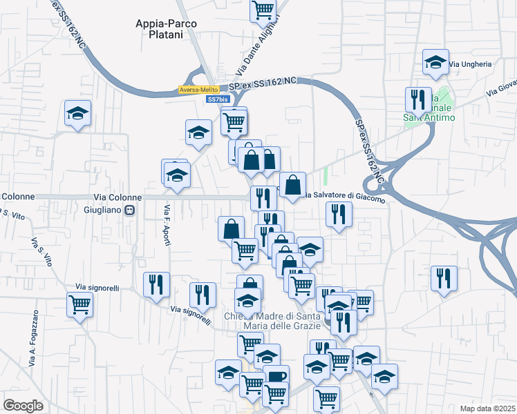 map of restaurants, bars, coffee shops, grocery stores, and more near 543 Via Roma in Melito di Napoli