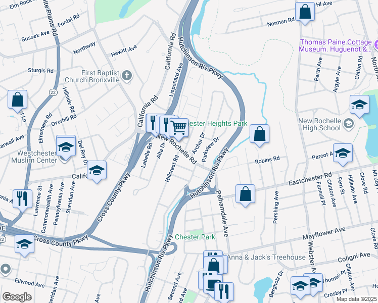 map of restaurants, bars, coffee shops, grocery stores, and more near 518 New Rochelle Road in Bronxville