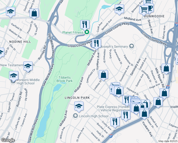 map of restaurants, bars, coffee shops, grocery stores, and more near 41 Sweetfield Circle in Yonkers