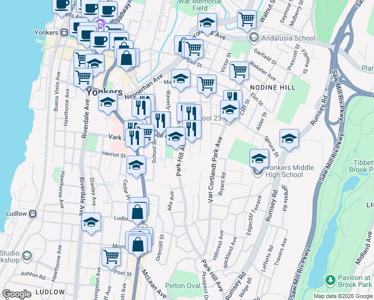map of restaurants, bars, coffee shops, grocery stores, and more near 232 Willow Street in Yonkers