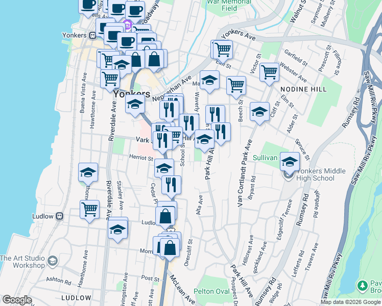 map of restaurants, bars, coffee shops, grocery stores, and more near 30 Herriot Place in Yonkers