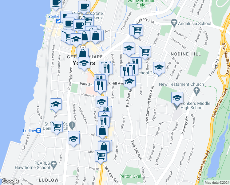 map of restaurants, bars, coffee shops, grocery stores, and more near 30 Herriot Place in Yonkers