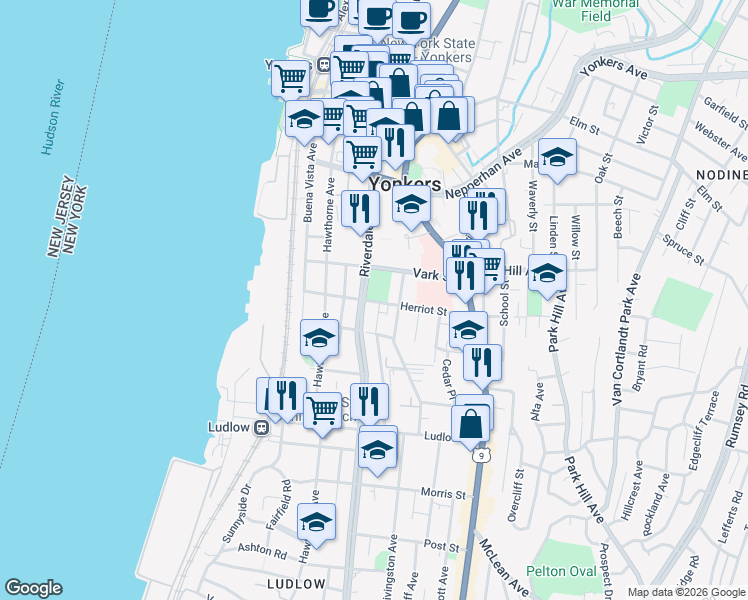 map of restaurants, bars, coffee shops, grocery stores, and more near 150 Riverdale Avenue in Yonkers