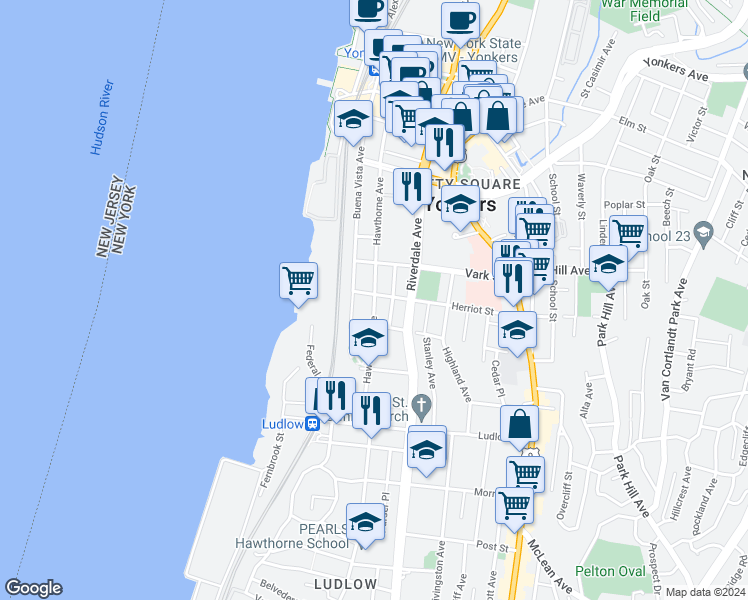 map of restaurants, bars, coffee shops, grocery stores, and more near 156 Hawthorne Avenue in Yonkers