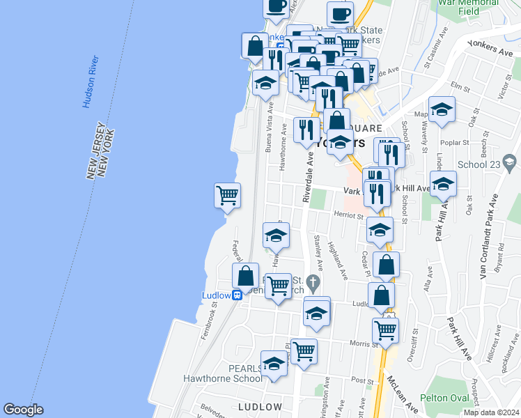 map of restaurants, bars, coffee shops, grocery stores, and more near 221 Buena Vista Avenue in Yonkers