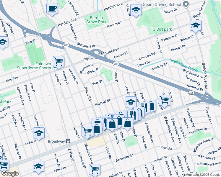 map of restaurants, bars, coffee shops, grocery stores, and more near 3-15 28th Street in Fair Lawn
