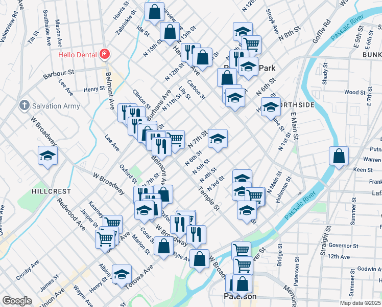 map of restaurants, bars, coffee shops, grocery stores, and more near 71-73 North 5th Street in Paterson