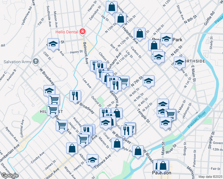 map of restaurants, bars, coffee shops, grocery stores, and more near 98 Belmont Avenue in Paterson