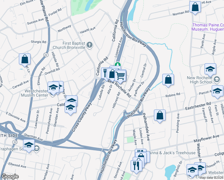 map of restaurants, bars, coffee shops, grocery stores, and more near 212 Hillcrest Road in Mount Vernon