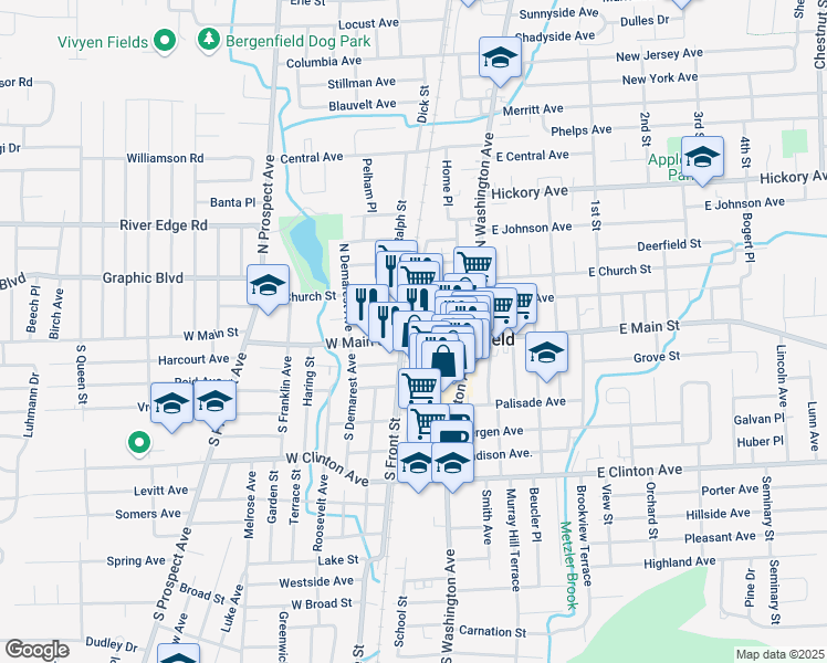 map of restaurants, bars, coffee shops, grocery stores, and more near 8 Veterans Plaza in Bergenfield