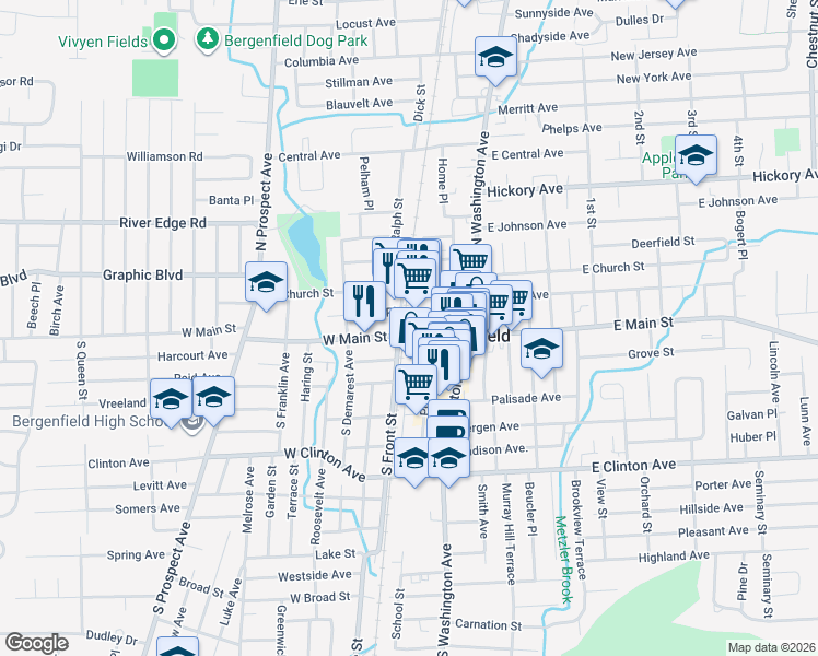 map of restaurants, bars, coffee shops, grocery stores, and more near 8 Veterans Plaza in Bergenfield