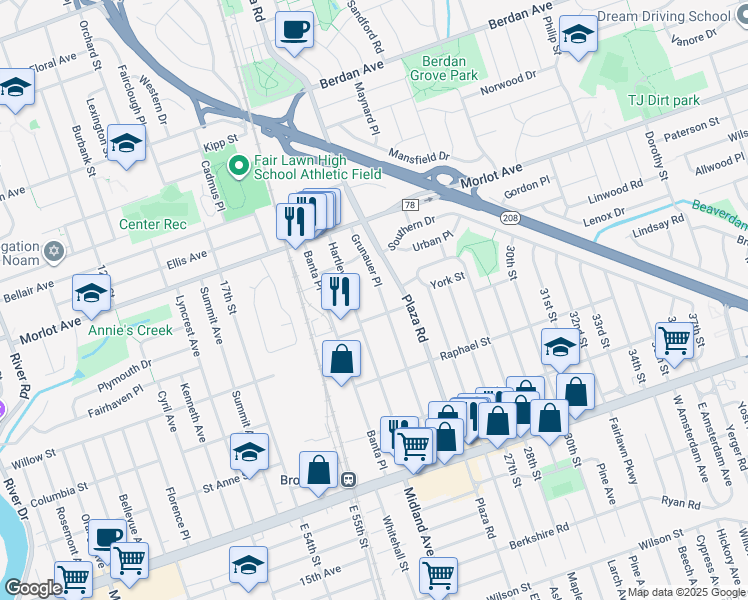 map of restaurants, bars, coffee shops, grocery stores, and more near 22 Grunauer Place in Fair Lawn