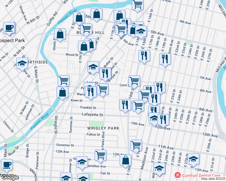 map of restaurants, bars, coffee shops, grocery stores, and more near 155 Putnam Street in Paterson