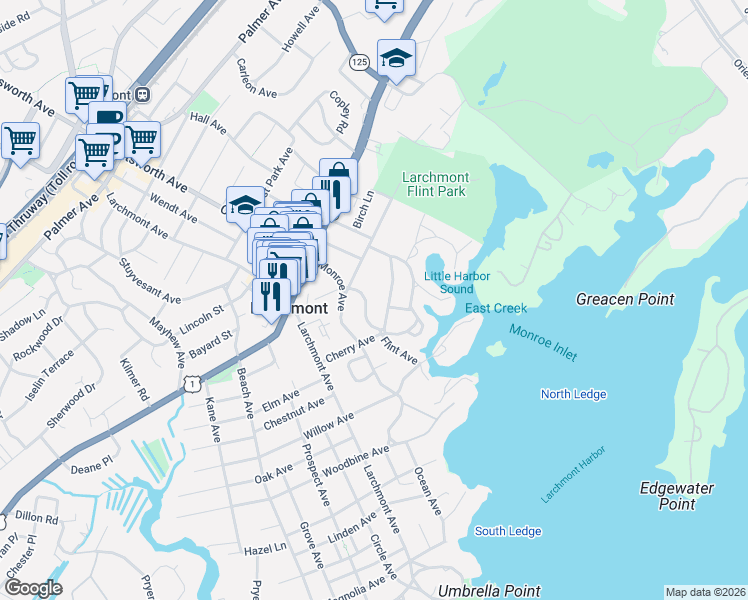 map of restaurants, bars, coffee shops, grocery stores, and more near 31 Flint Avenue in Larchmont