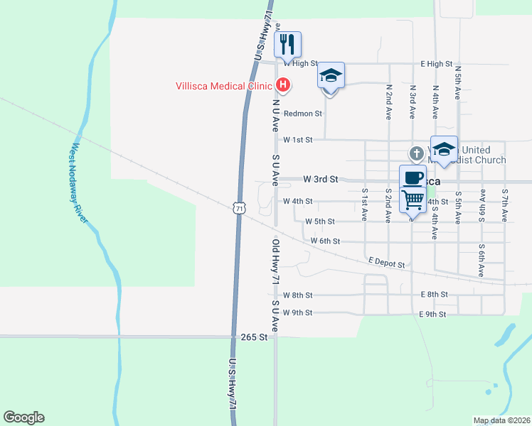 map of restaurants, bars, coffee shops, grocery stores, and more near 642-664 South U Avenue in Villisca