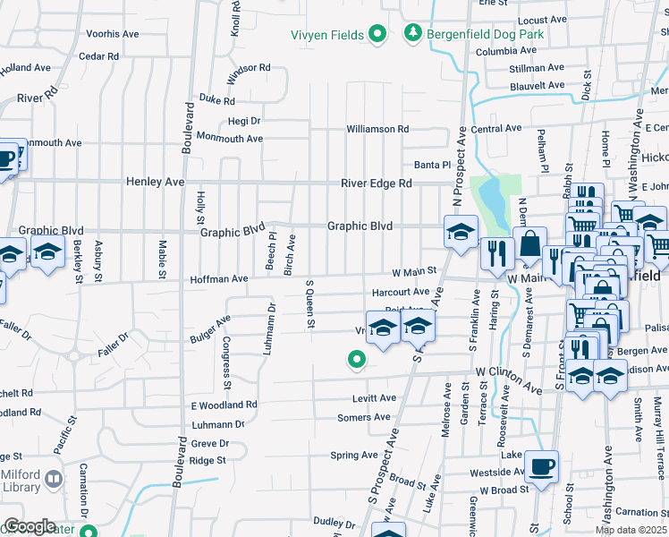 map of restaurants, bars, coffee shops, grocery stores, and more near 350 West Main Street in Bergenfield