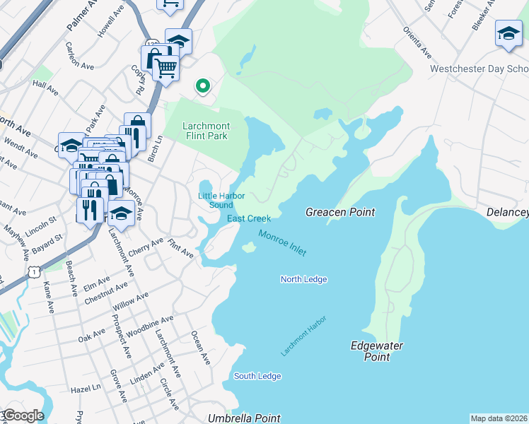 map of restaurants, bars, coffee shops, grocery stores, and more near 225-299 Hommocks Road in Larchmont