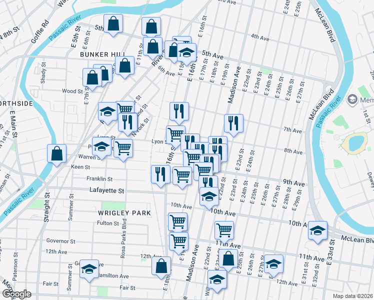 map of restaurants, bars, coffee shops, grocery stores, and more near 231 Warren Street in Paterson