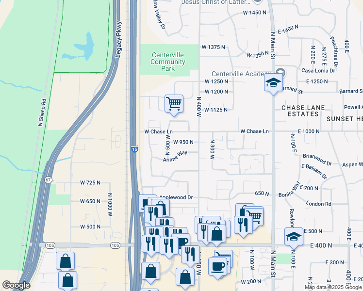 map of restaurants, bars, coffee shops, grocery stores, and more near 873 Camille Circle in Centerville